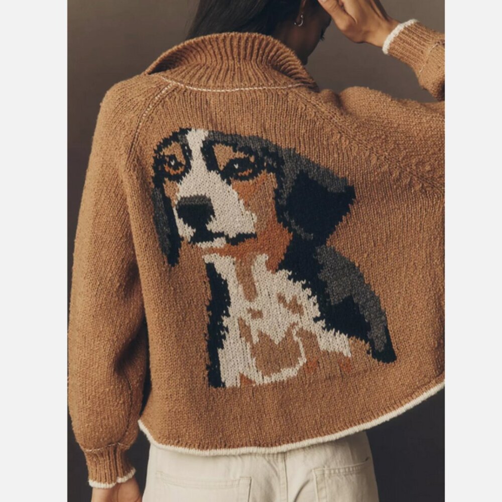 Anthropologie Pilcro The Jesse Dog Icon Cardigan Sweater Beagle Brown L NWT